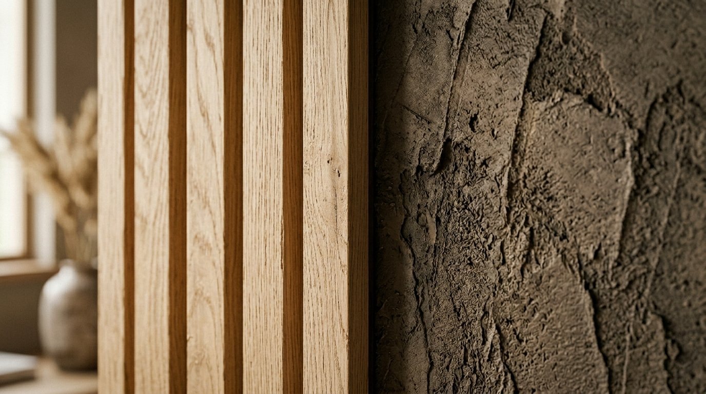Close up of vertical light oak wooden slats placed next to a dark grey textured plaster wall.
