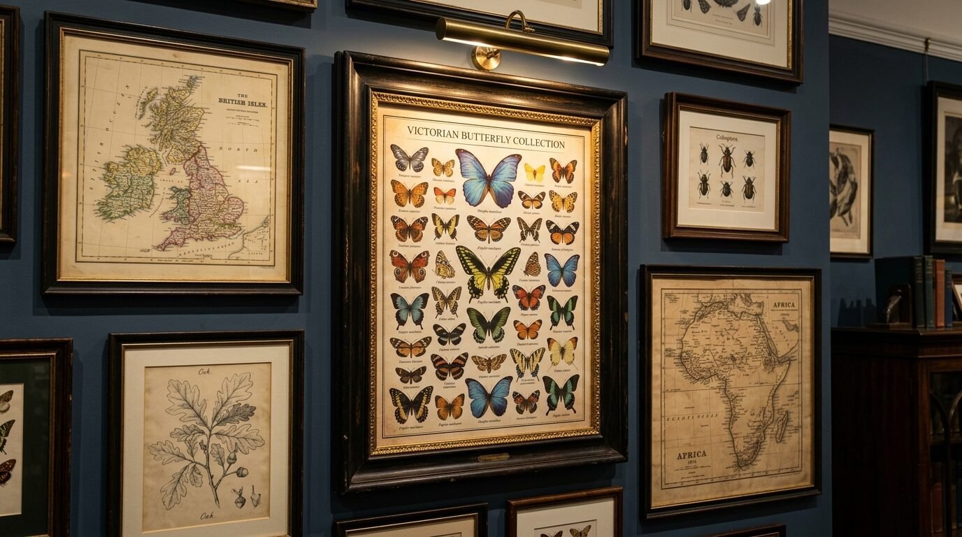 Framed vintage butterfly specimen chart surrounded by antique maps on a dark blue wall.