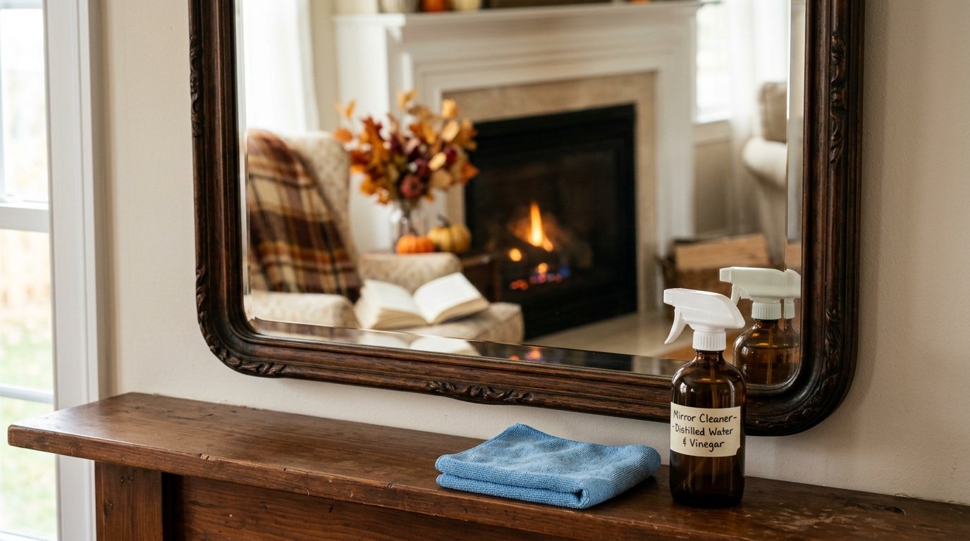 DIY vinegar cleaning spray and a blue microfiber cloth resting on a mantle in front of a decorative mirror.