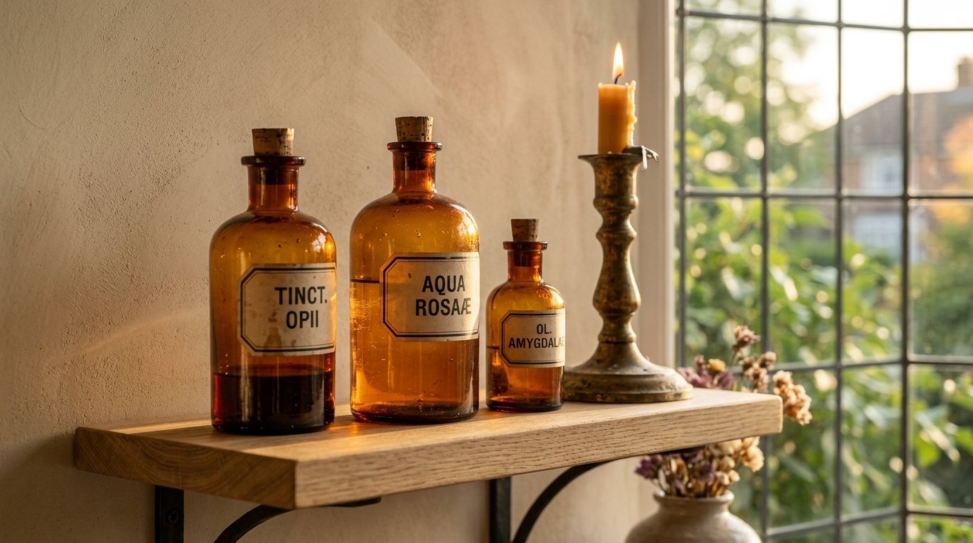 A rustic wooden shelf holding three vintage brown medicine bottles and a lit candle in a brass holder.