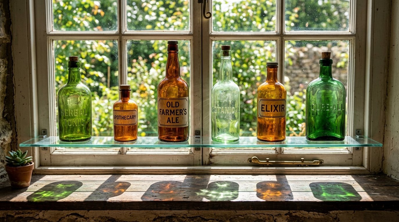 Colorful green and amber glass apothecary bottles arranged on a clear shelf in front of a bright window.