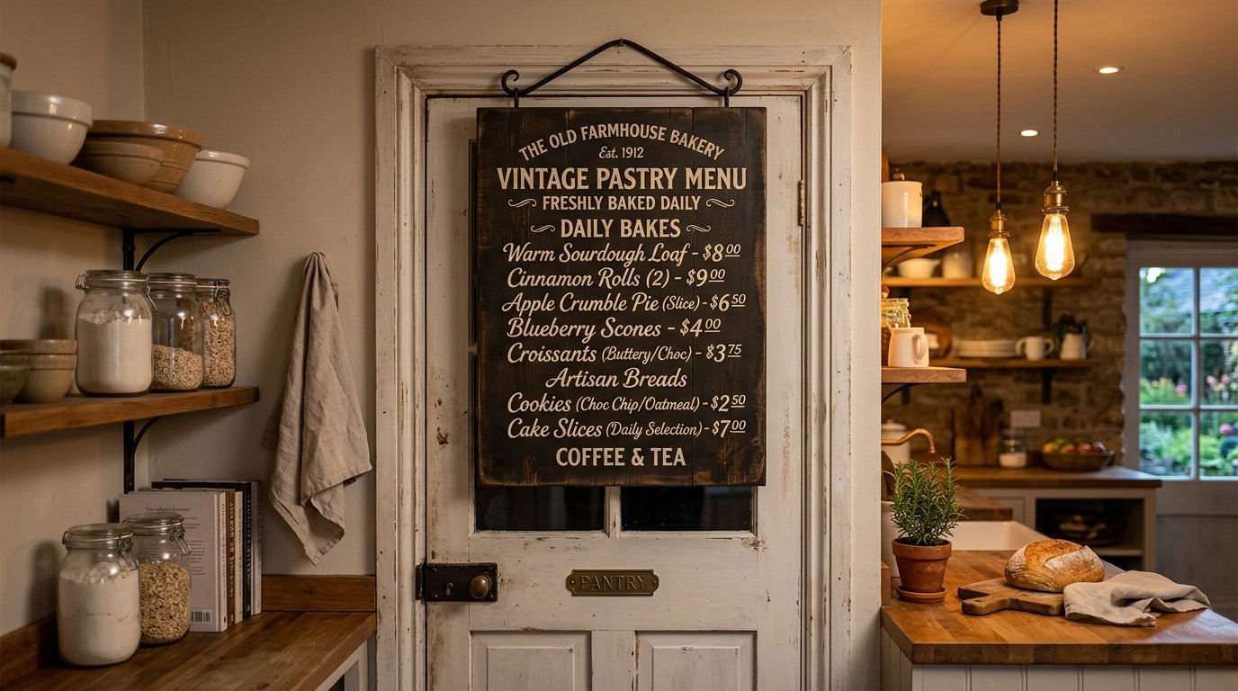 A dark wooden sign listing baked goods with prices hangs on a white painted door in a cozy cottage kitchen.