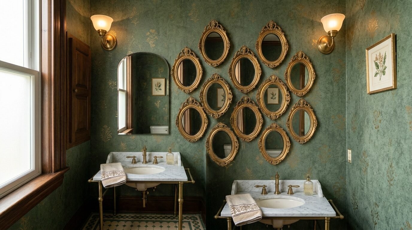 Antique-style green powder room with two marble pedestal sinks and a wall gallery of eleven small oval gold mirrors.