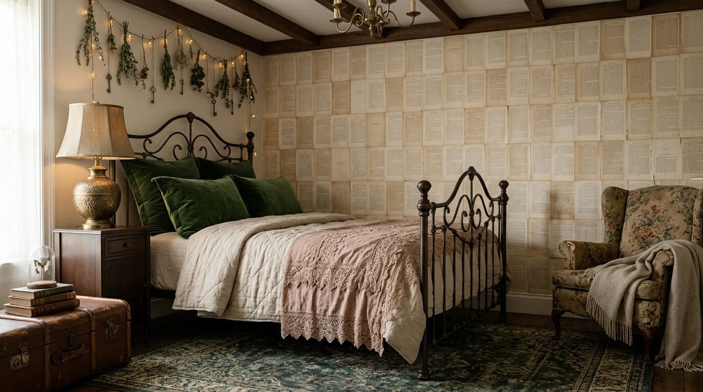 Vintage iron bed in a cozy room with walls covered in old book pages and fairy lights with dried flowers.