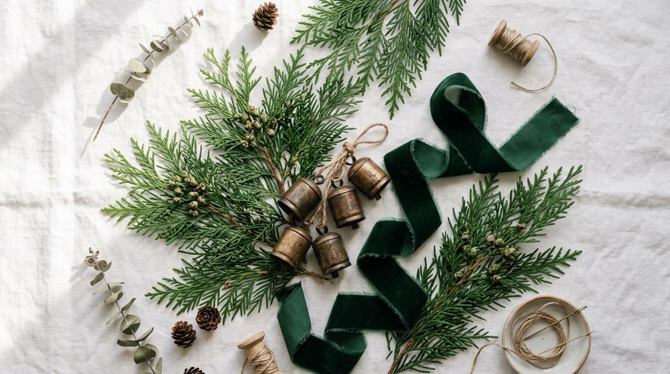 A flat lay of cedar sprigs, brass bells, green velvet ribbon, pinecones, and twine on a white linen surface.