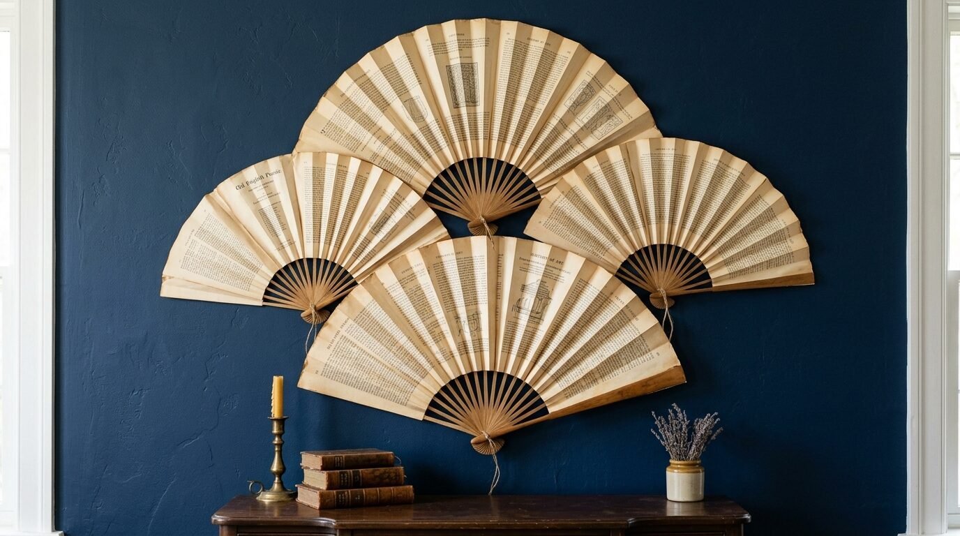Four pleated paper fans made from old book pages hung as a wall arrangement above a wooden console table.