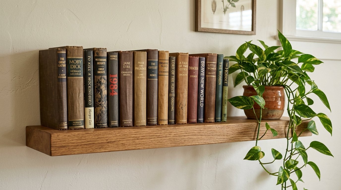 Collection of vintage hardcover literature books and a trailing pothos plant sitting on a natural wood floating shelf.