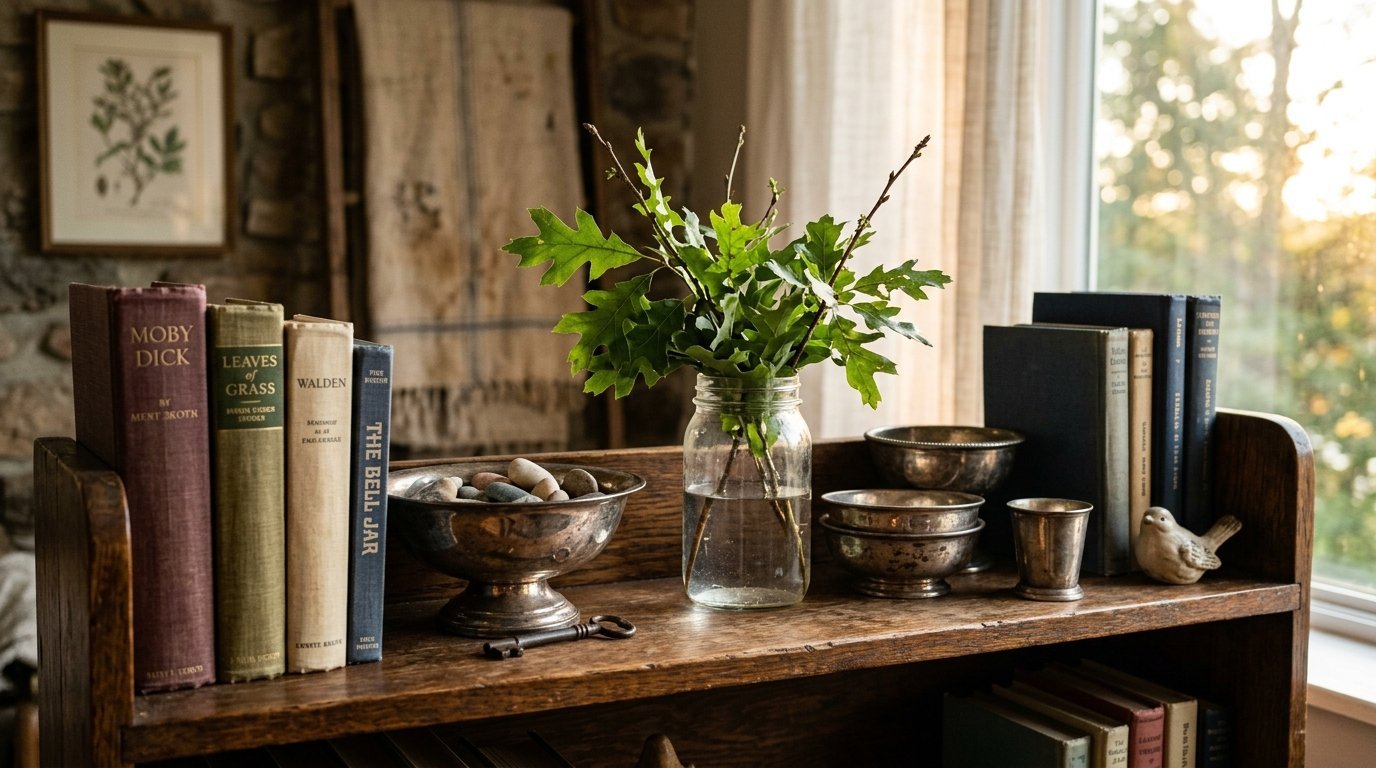 A wooden shelf holds classic books like Moby Dick, a mason jar with oak leaves, silver bowls, and a small bird figurine.