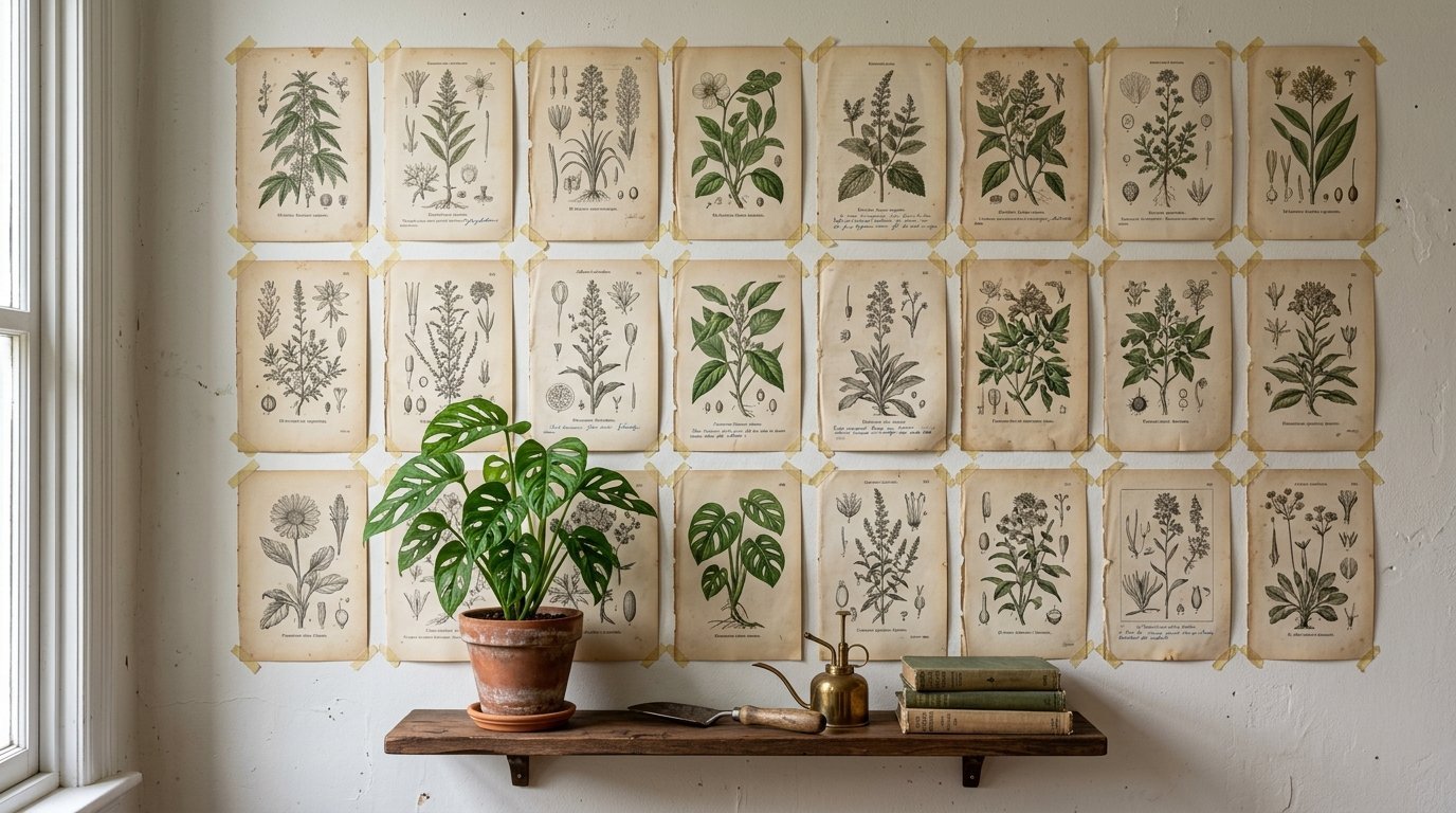 A collection of 21 vintage botanical prints taped to a white wall above a wooden shelf with a monstera plant.
