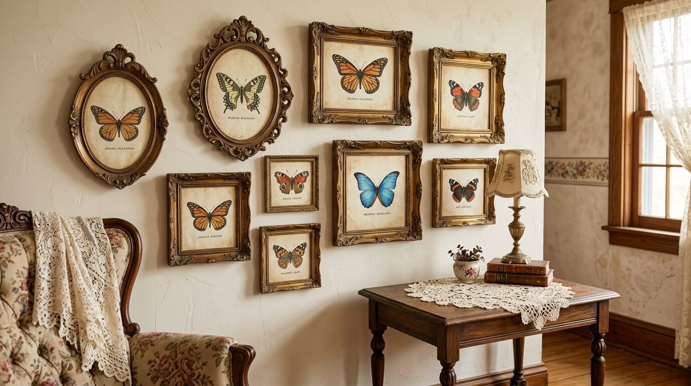 A beige wall decorated with various framed scientific butterfly illustrations above a wooden accent table.