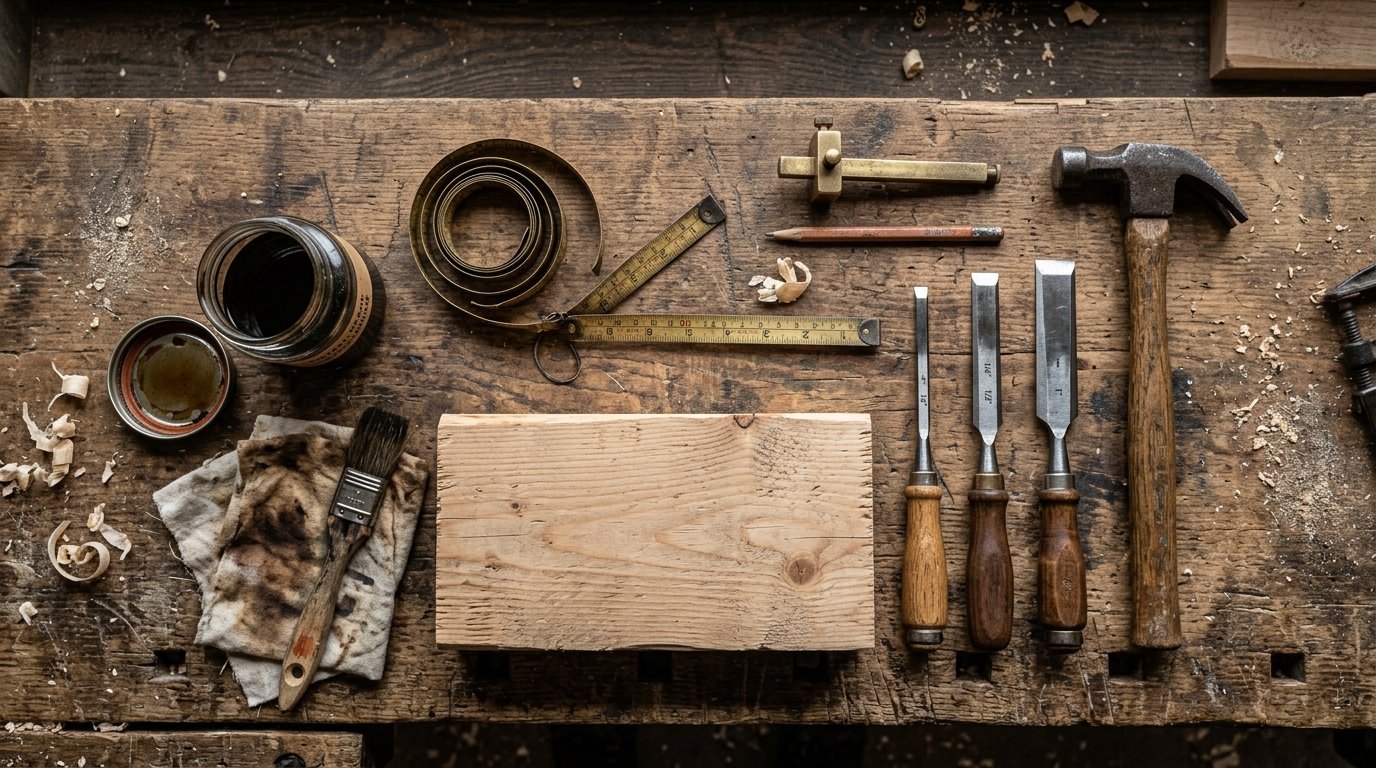 Hammer, wood chisels, ruler, and stain brush neatly arranged on a worn, sawdust-covered wooden table.