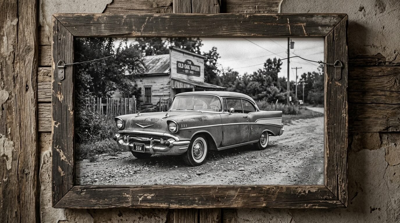 A framed photo on a textured wall showing a classic 1950s Chevy parked on a dirt road in front of The Old Oak Tavern.