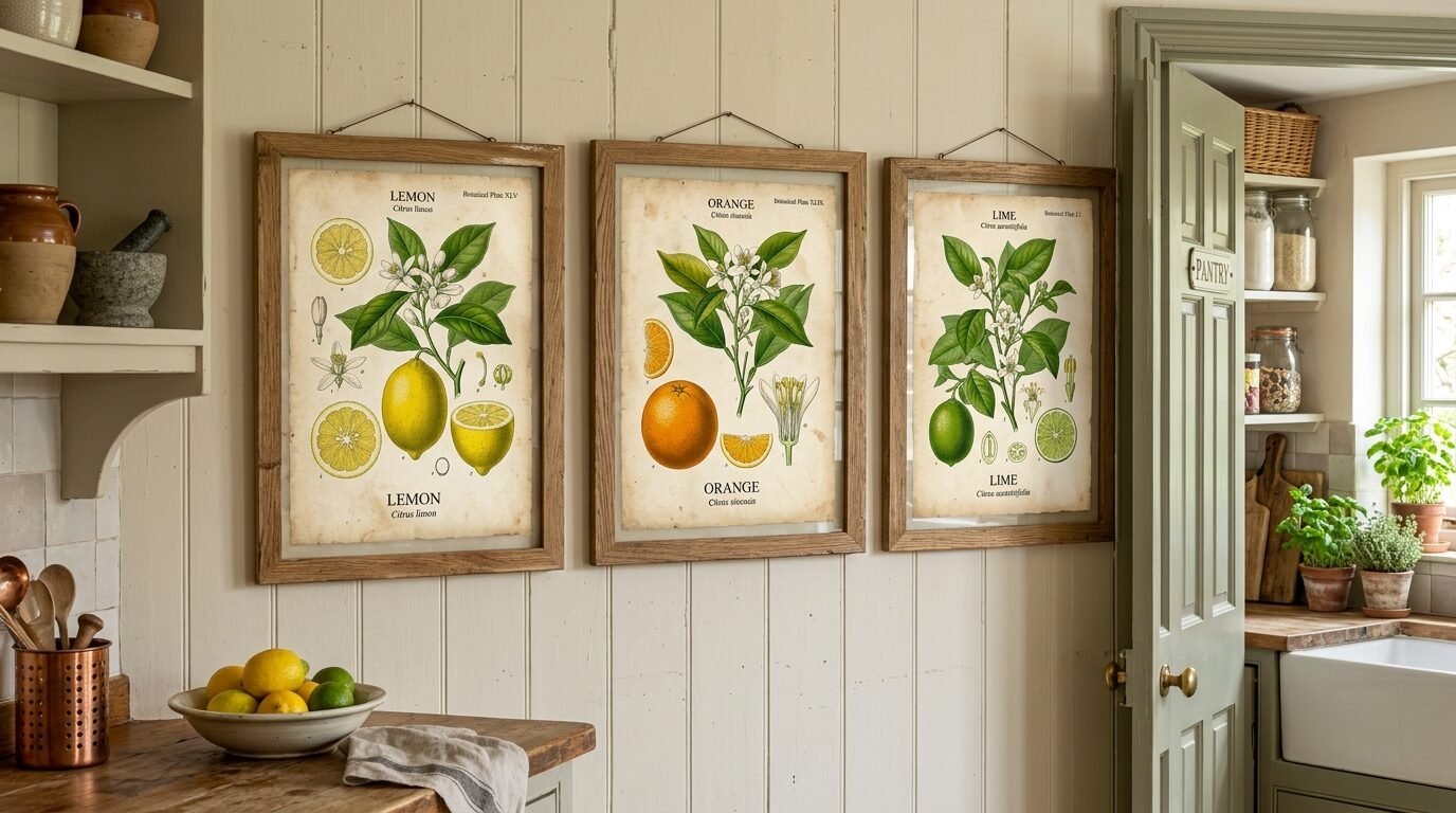 Decorative wood-framed prints of lemon, orange, and lime illustrations hanging on a cream-colored wooden wall.