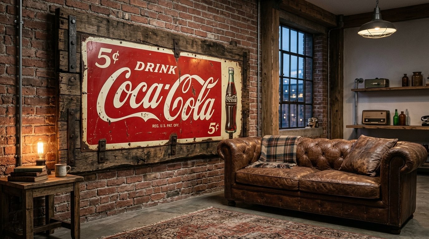 A large vintage red and white Coca-Cola metal sign mounted on a brick wall above a brown leather chesterfield sofa.
