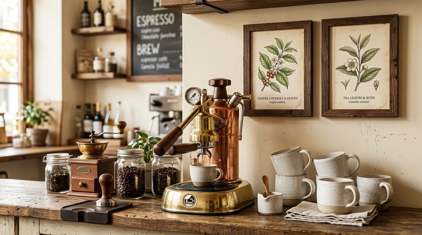 Close-up of a brass and copper manual espresso maker on a wooden counter with botanical coffee and tea wall prints.