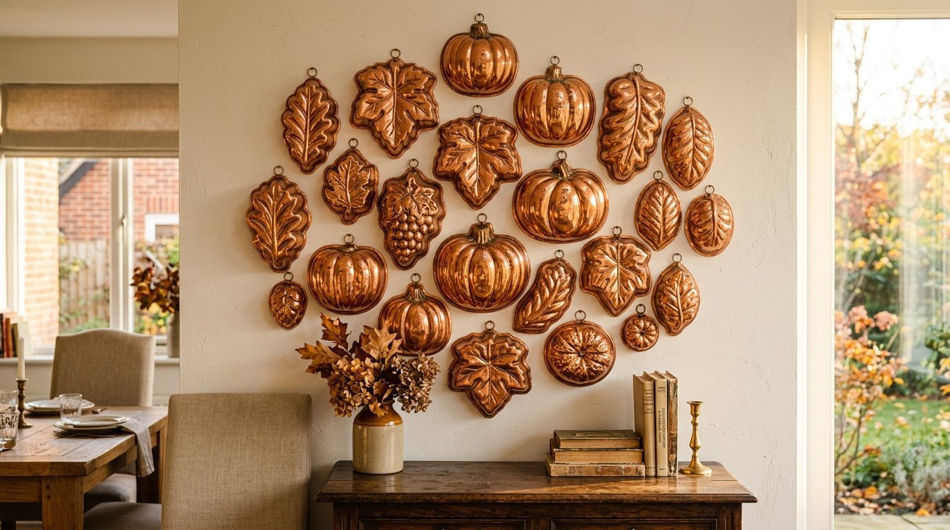 Group of antique copper molds shaped like pumpkins and autumn leaves hanging on a wall above a wooden table.