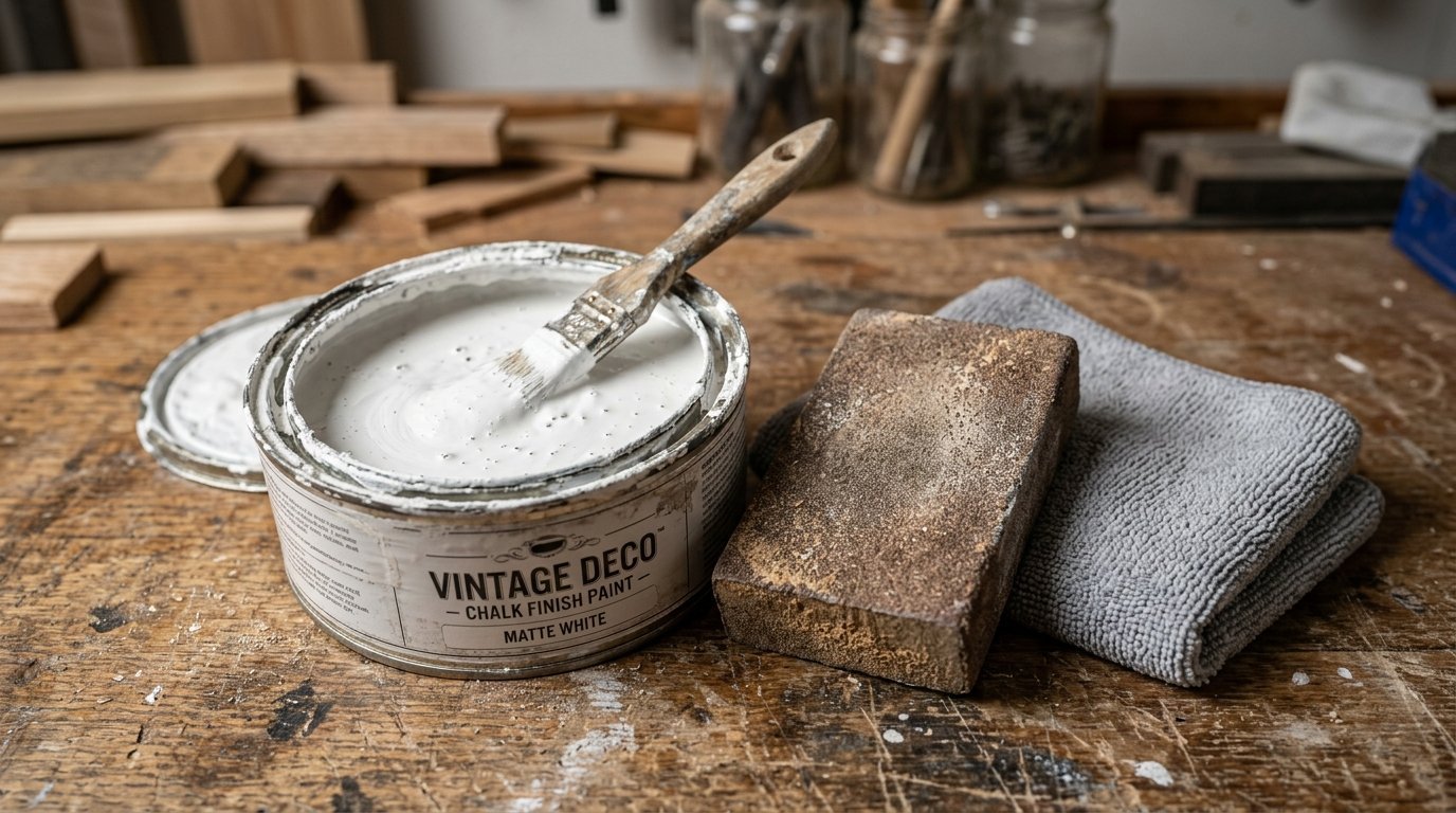 A paint tin with white chalk paint, a brush, a sanding block, and a cloth on a rustic wooden workbench.