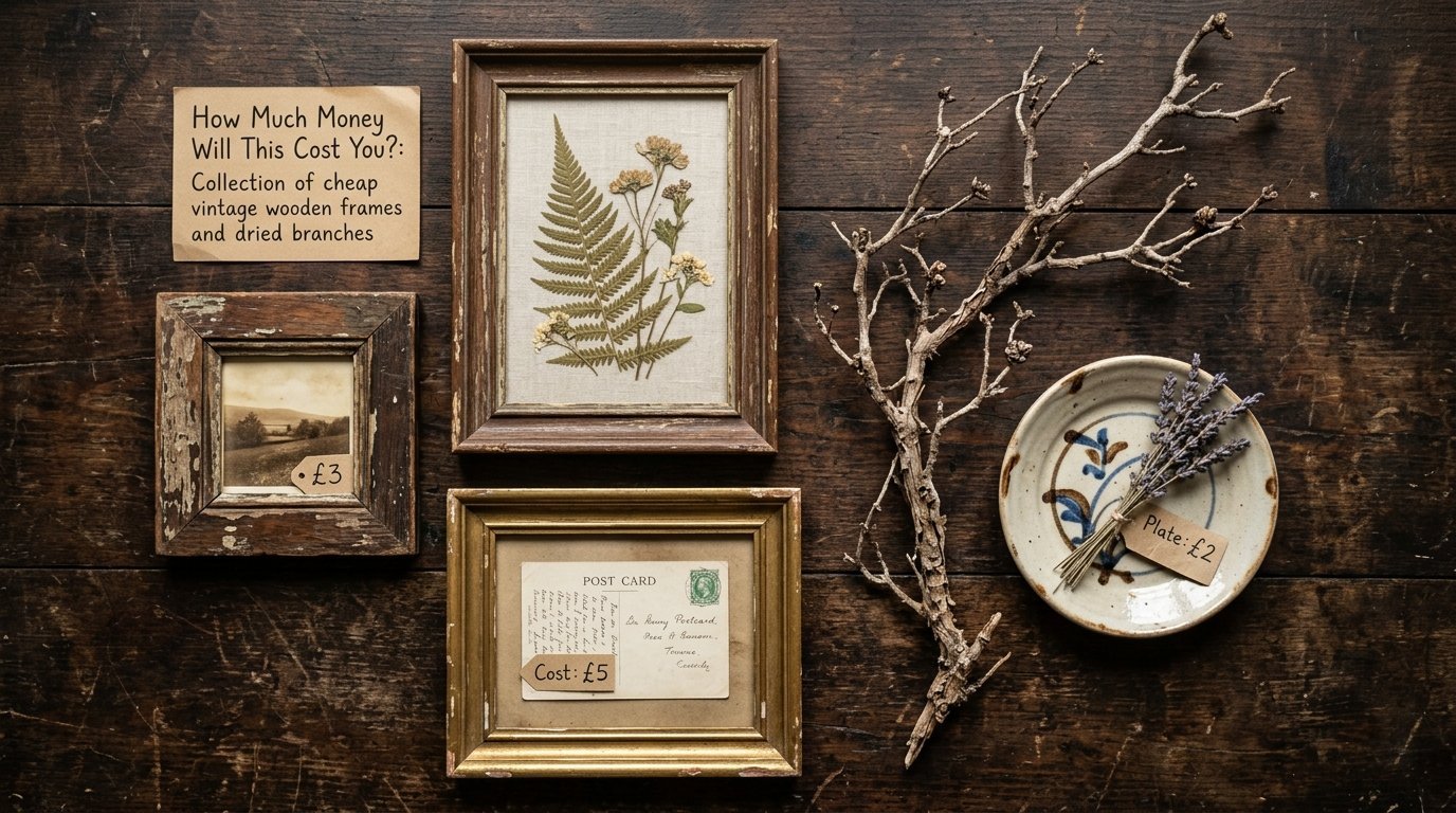 Vintage frames, dried flora, and a small pottery plate with price tags arranged on a dark wooden table.