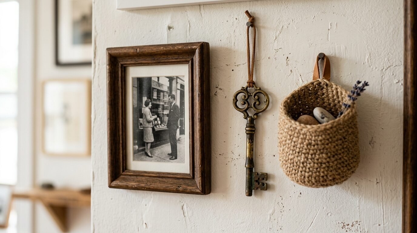 A framed black and white photo next to an antique brass key and a small woven basket hanging on a textured white wall.