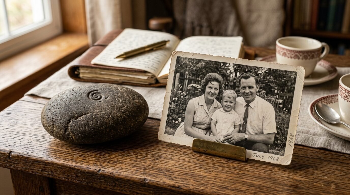 An old photograph of a smiling couple and their young son on a wooden desk next to a journal and a carved stone.