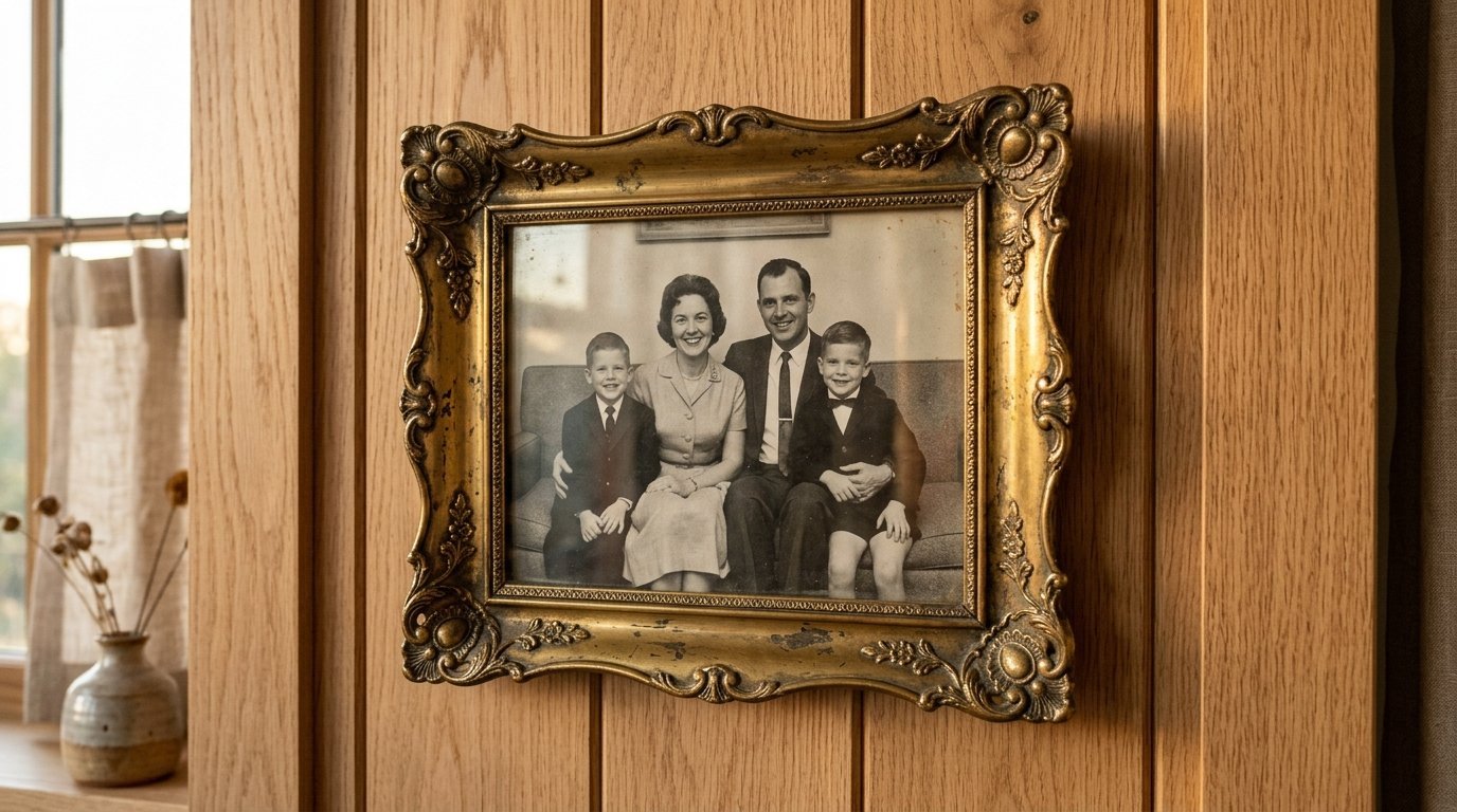 An antique gold picture frame on wood paneling containing a vintage photograph of a mother, father, and two sons.