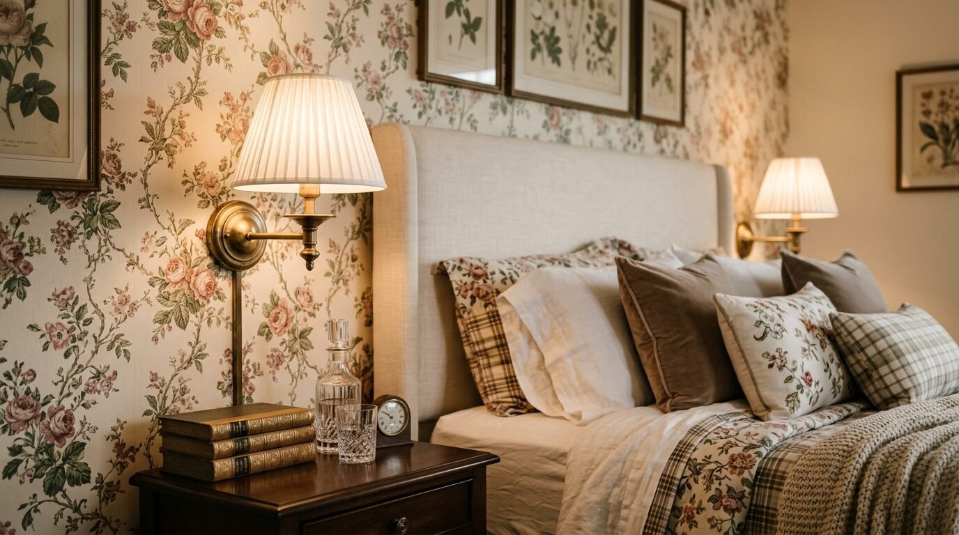 A beige upholstered headboard sits against wall covered in vintage rose floral print wallpaper with bedside lamps.