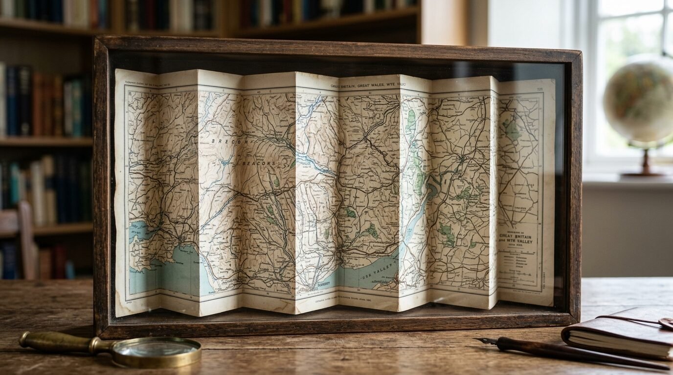 An old, accordion-folded map of Great Britain enclosed in a wooden display box on a wooden table.