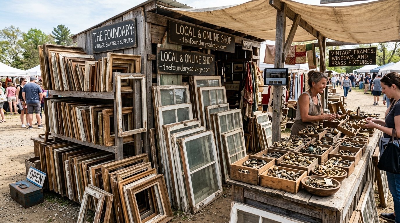 A woman assists a customer at a rustic stall filled with old wooden frames, windows, and bowls of brass hardware.