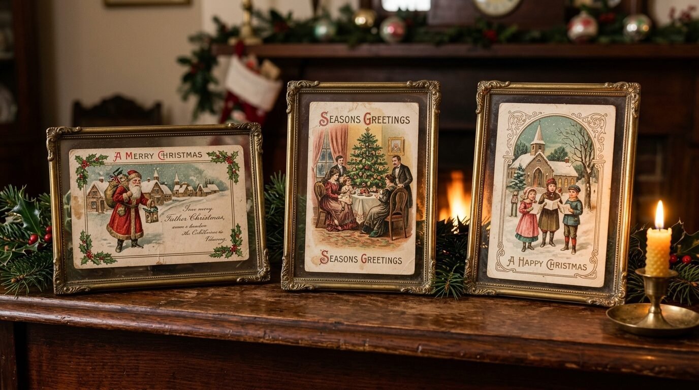 Vintage framed postcards showing Santa, a family dinner, and carolers sitting on a wooden fireplace mantle.