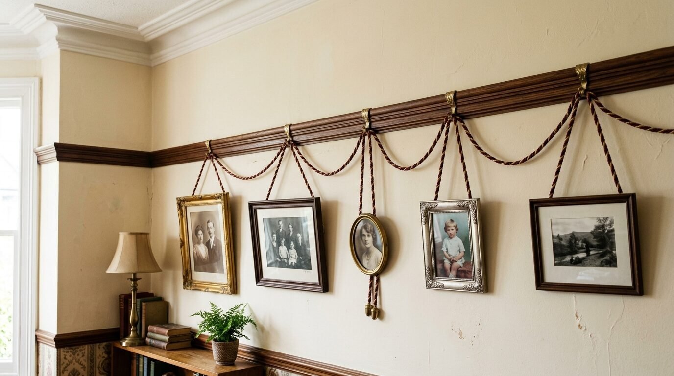 Five vintage portrait frames suspended by braided cords from a traditional wooden wall molding.