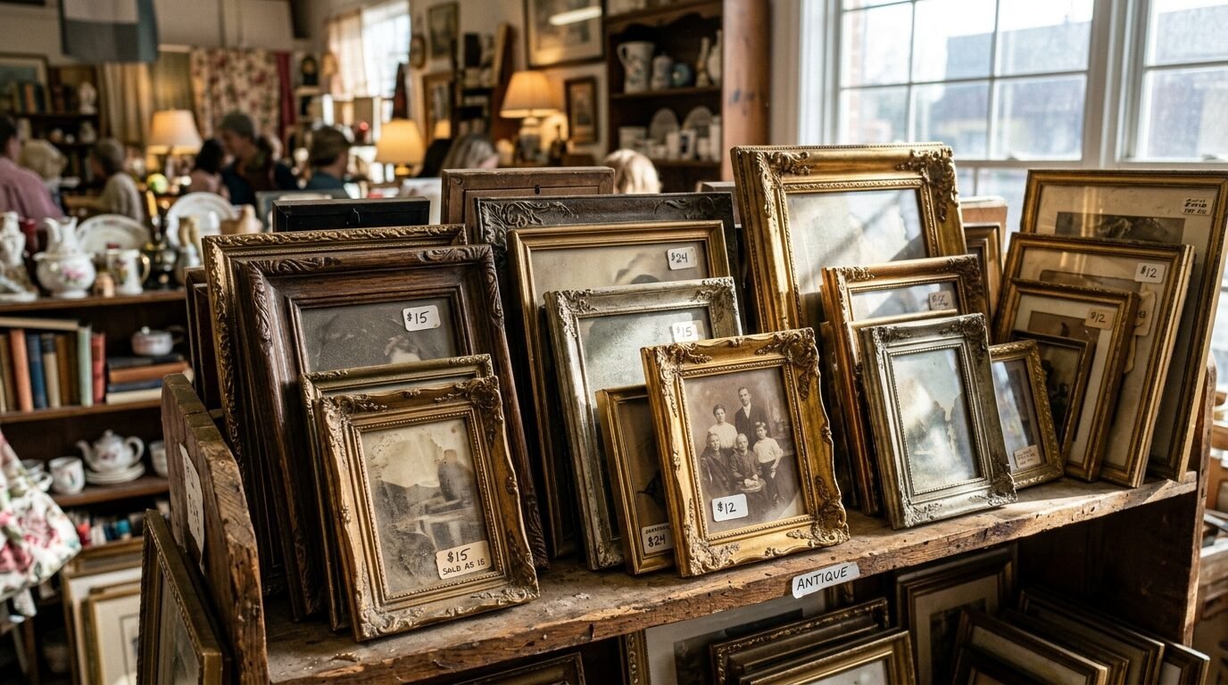 Collection of ornate gold and wooden picture frames with price tags arranged on a rustic wooden shop shelf.