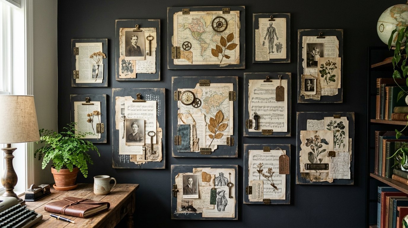 A dark grey wall decorated with multiple framed vintage papers, maps, botanical prints, and old photographs.