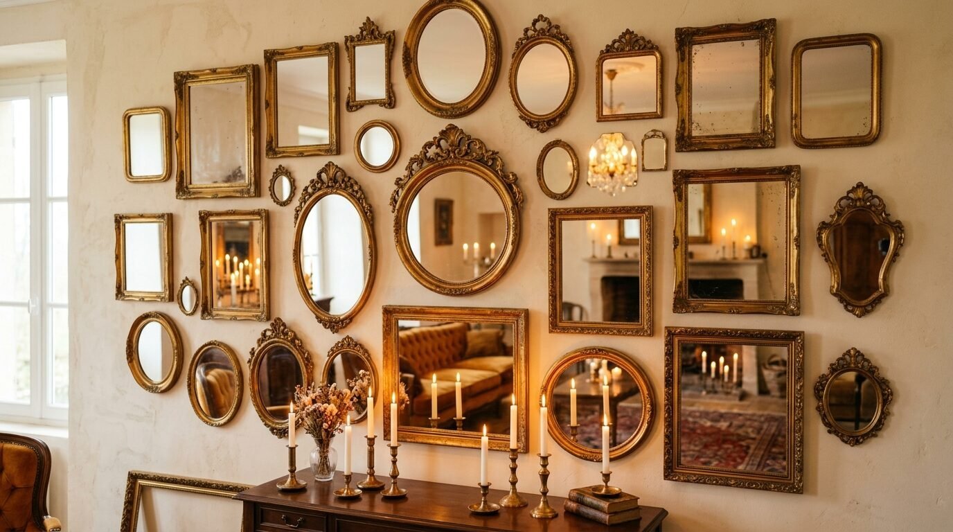 An assortment of various antique gold-framed mirrors hung on a wall above a wooden console table with lit candles.