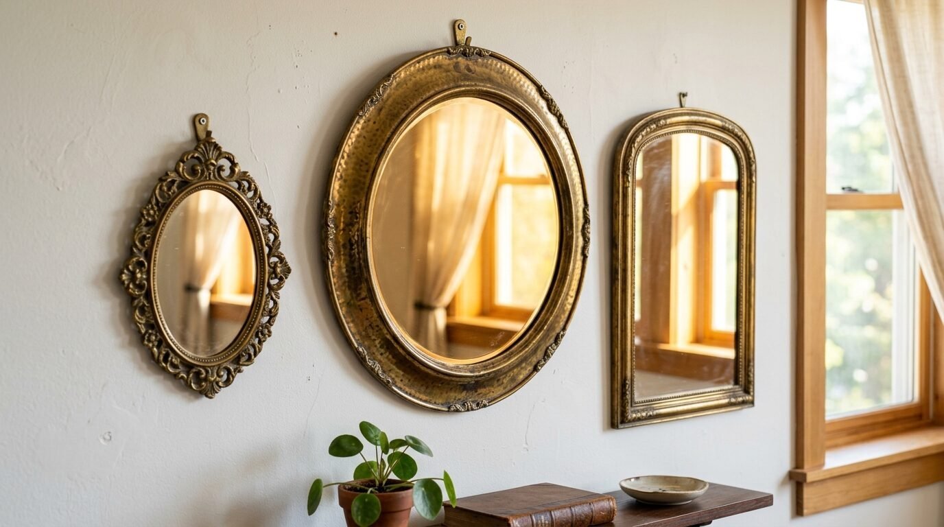 A collection of three ornate gold mirrors hanging above a wooden shelf with a small potted plant.