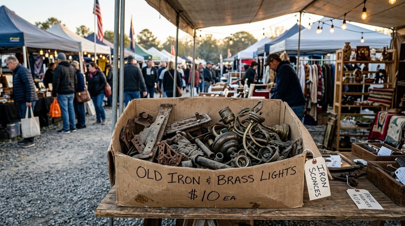 Close-up of a box filled with rusted iron and brass light sconces for sale at a flea market vendor stand.