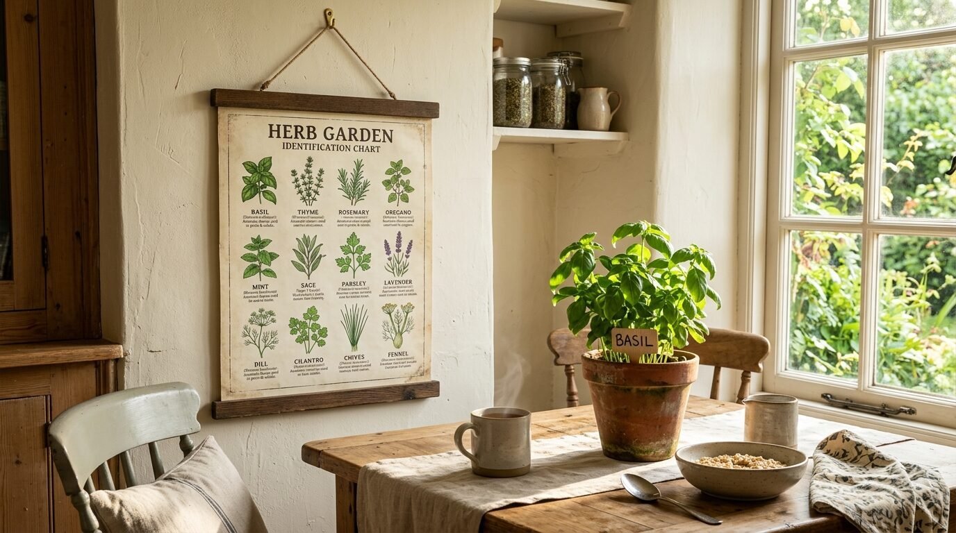 A kitchen wall hangs a vintage-style herb chart above a wooden table with a potted basil plant and a bowl of cereal.