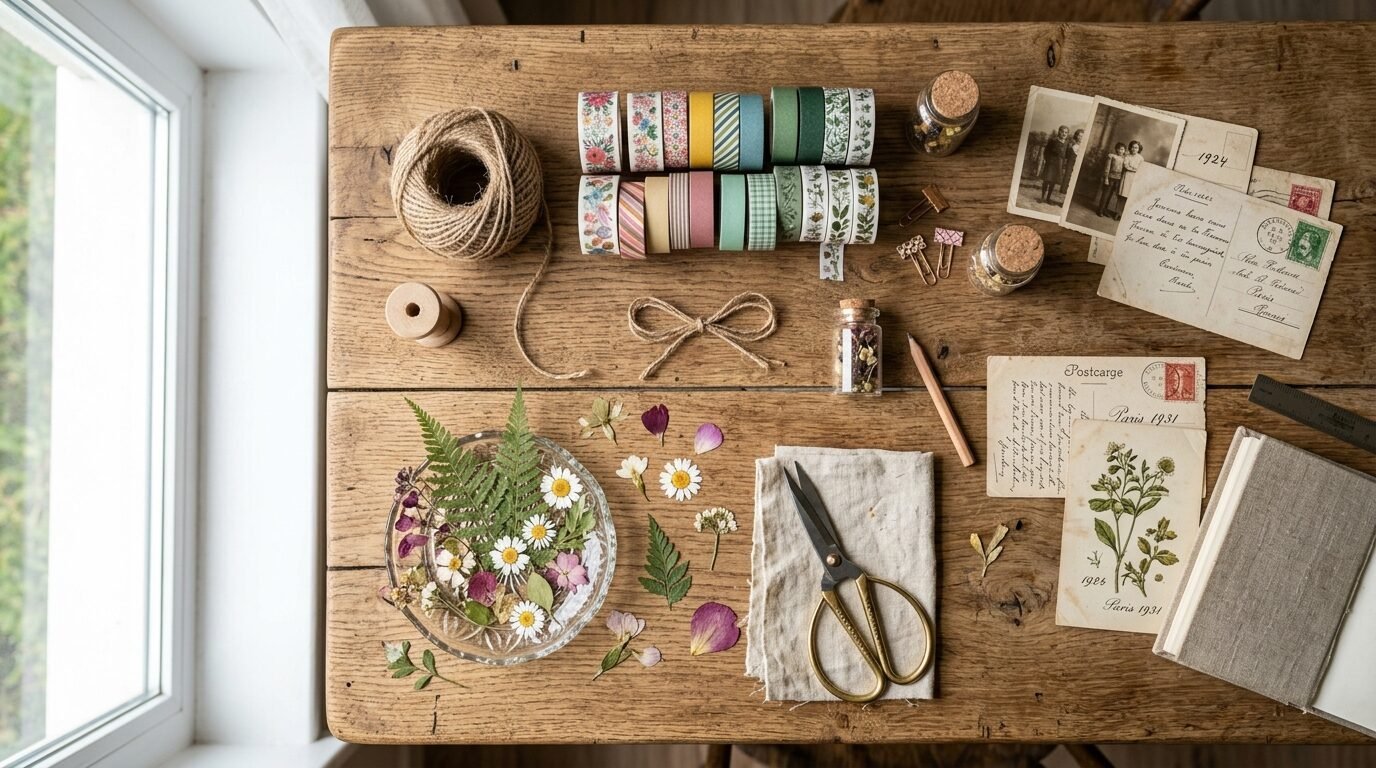 A rustic wooden table featuring washi tape rolls, dried flowers in a bowl, vintage postcards, and metal craft scissors.