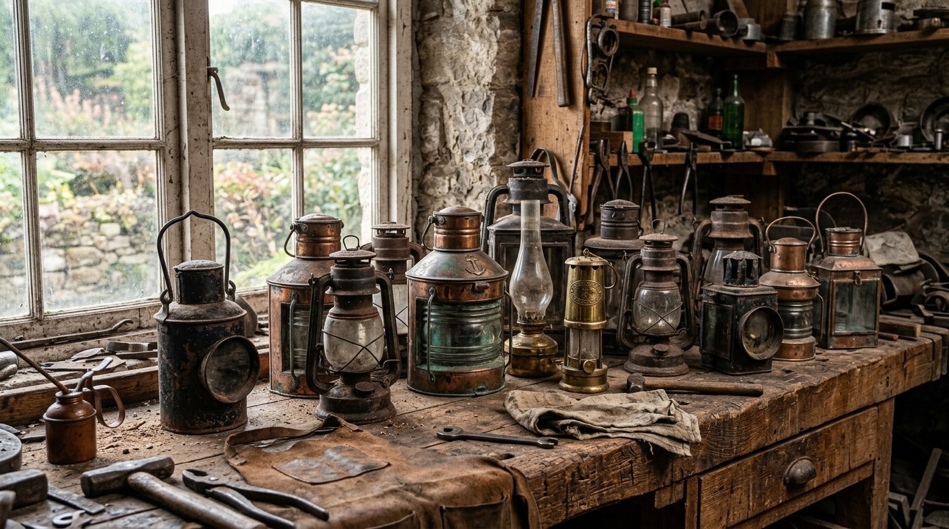 Several aged brass and iron oil lanterns arranged on a weathered wooden carpenter's table in a workshop.