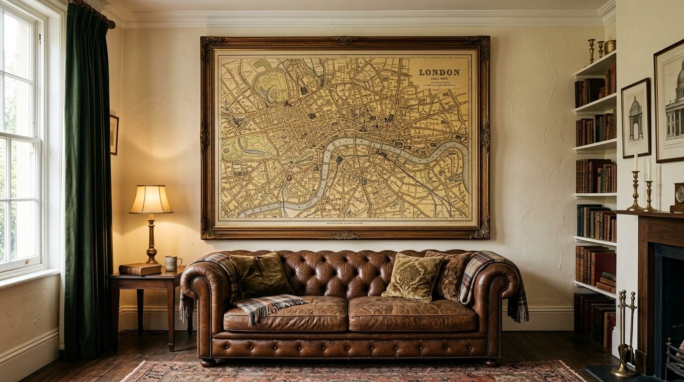 A traditional living room featuring a classic tufted Chesterfield couch beneath a large vintage map of London.