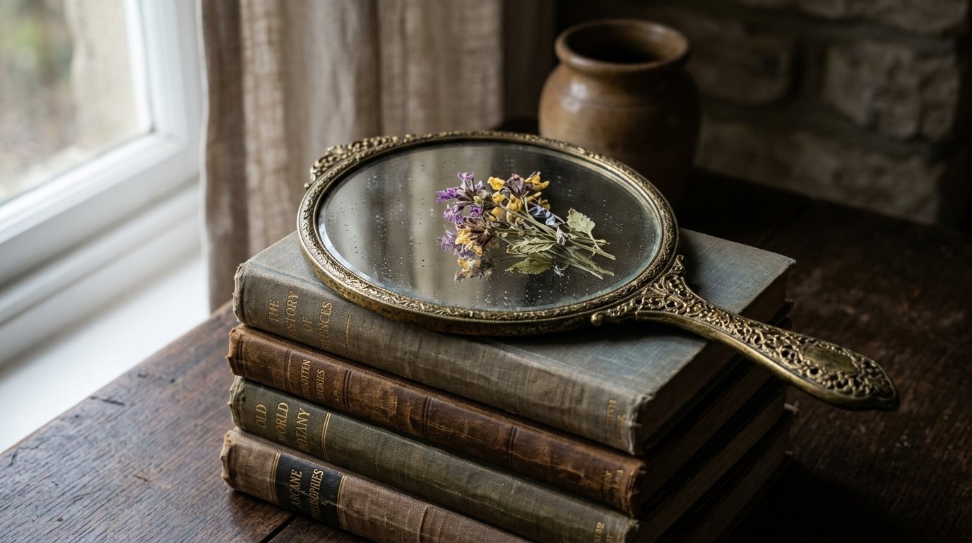 A decorative metal mirror with dried flowers reflected in it, sitting on top of three old, worn hardcover books.