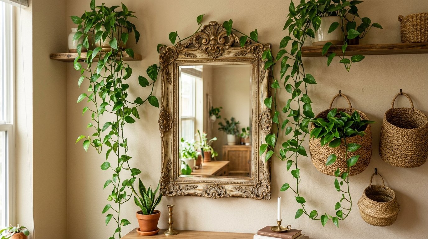 Vintage framed mirror on a beige wall with hanging ivy plants, wicker wall baskets, and a snake plant.