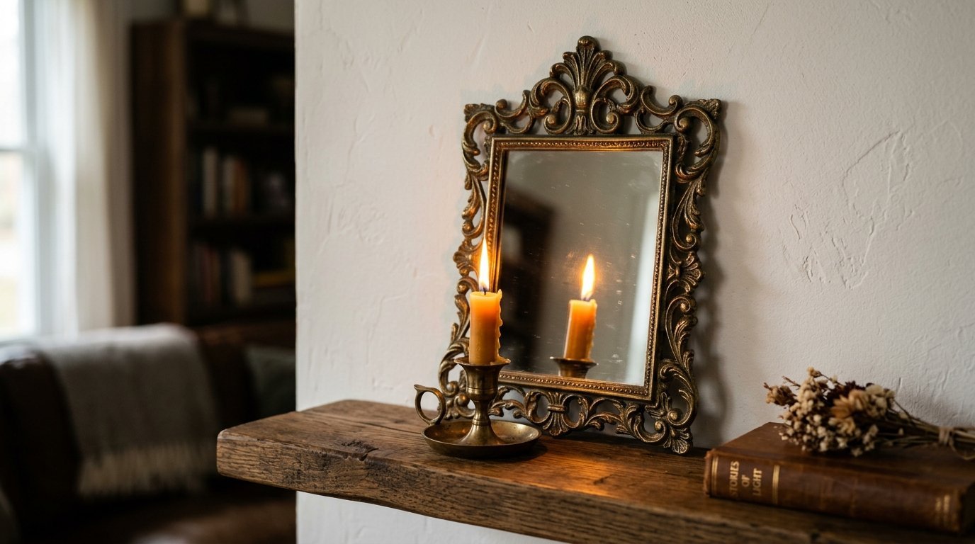 A lit yellow candle stands in a brass holder in front of an intricate gold mirror on a rustic wooden mantelpiece.