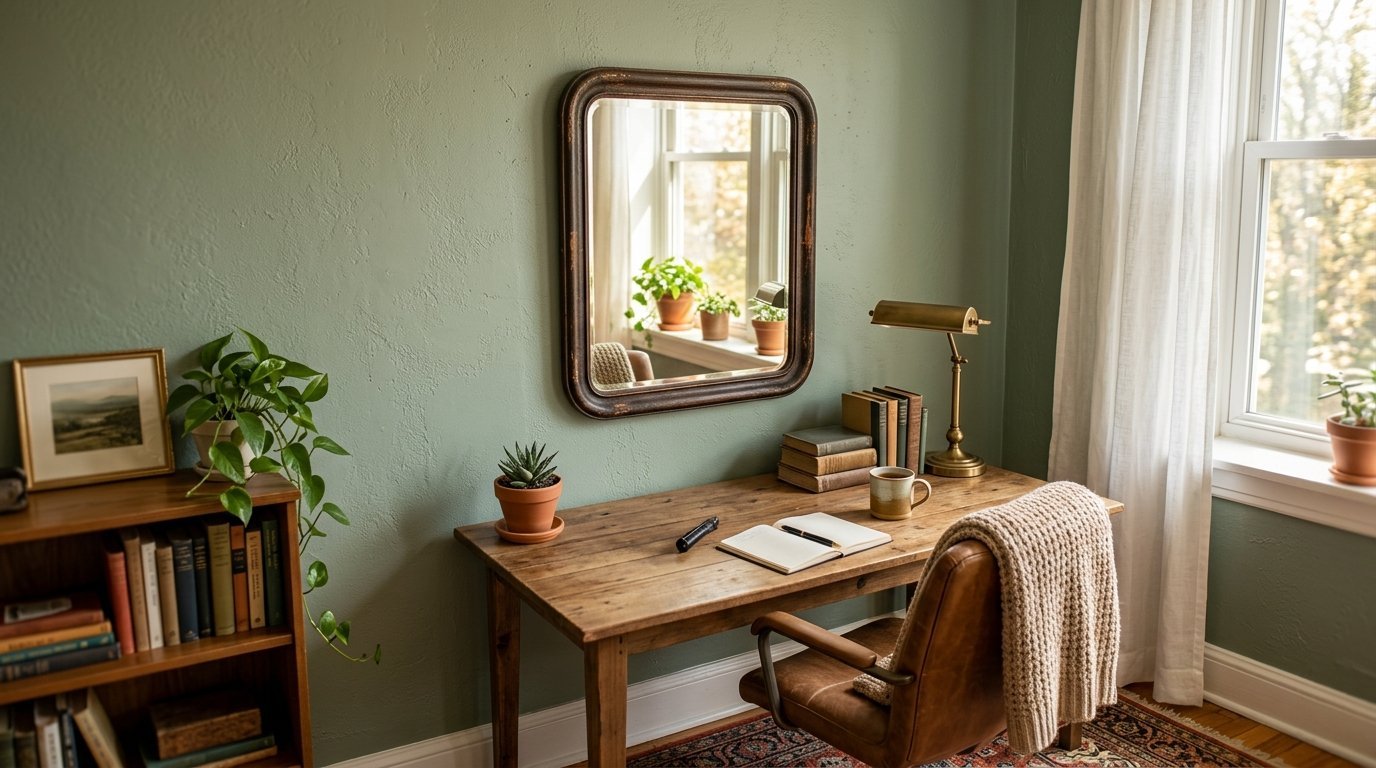 A rustic wooden desk with books, a lamp, and a notebook sits below an antique mirror against a sage green wall.