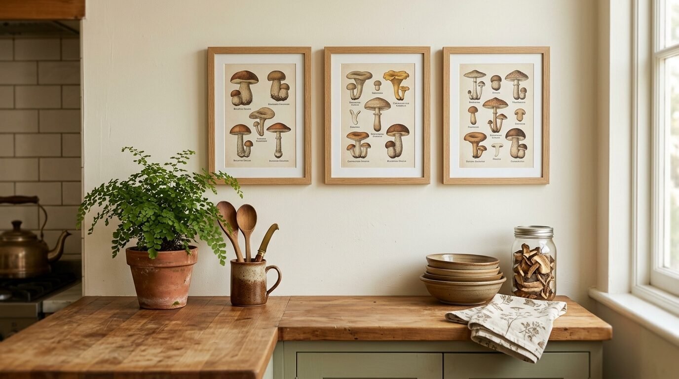 A trio of framed vintage-style mushroom identification posters displayed over a rustic kitchen surface with plants.