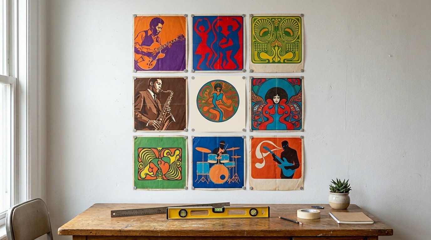 Nine vibrant art prints featuring musicians and abstract patterns arranged in a square on a white wall above a wooden desk.