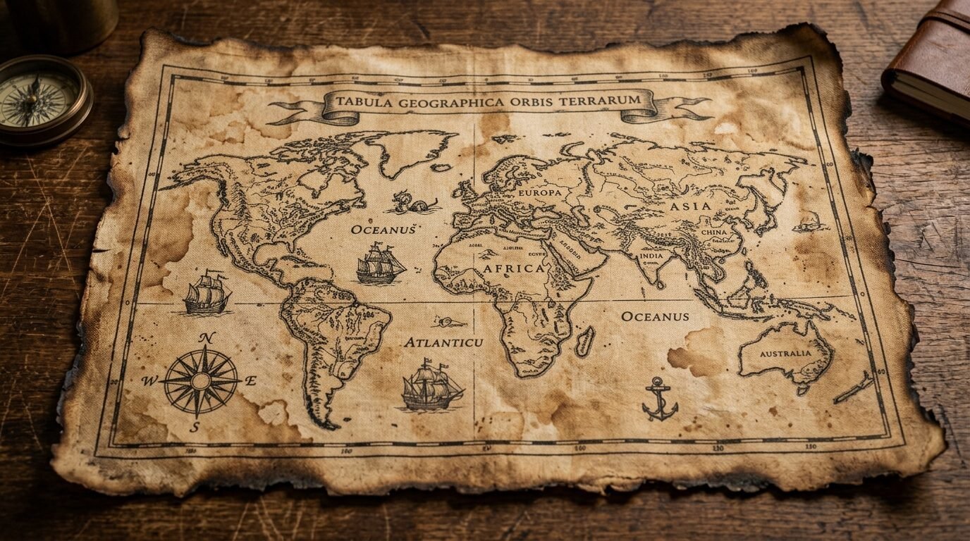 An aged, burnt-edge map of the world lying on a wooden surface with a compass and notebook nearby.