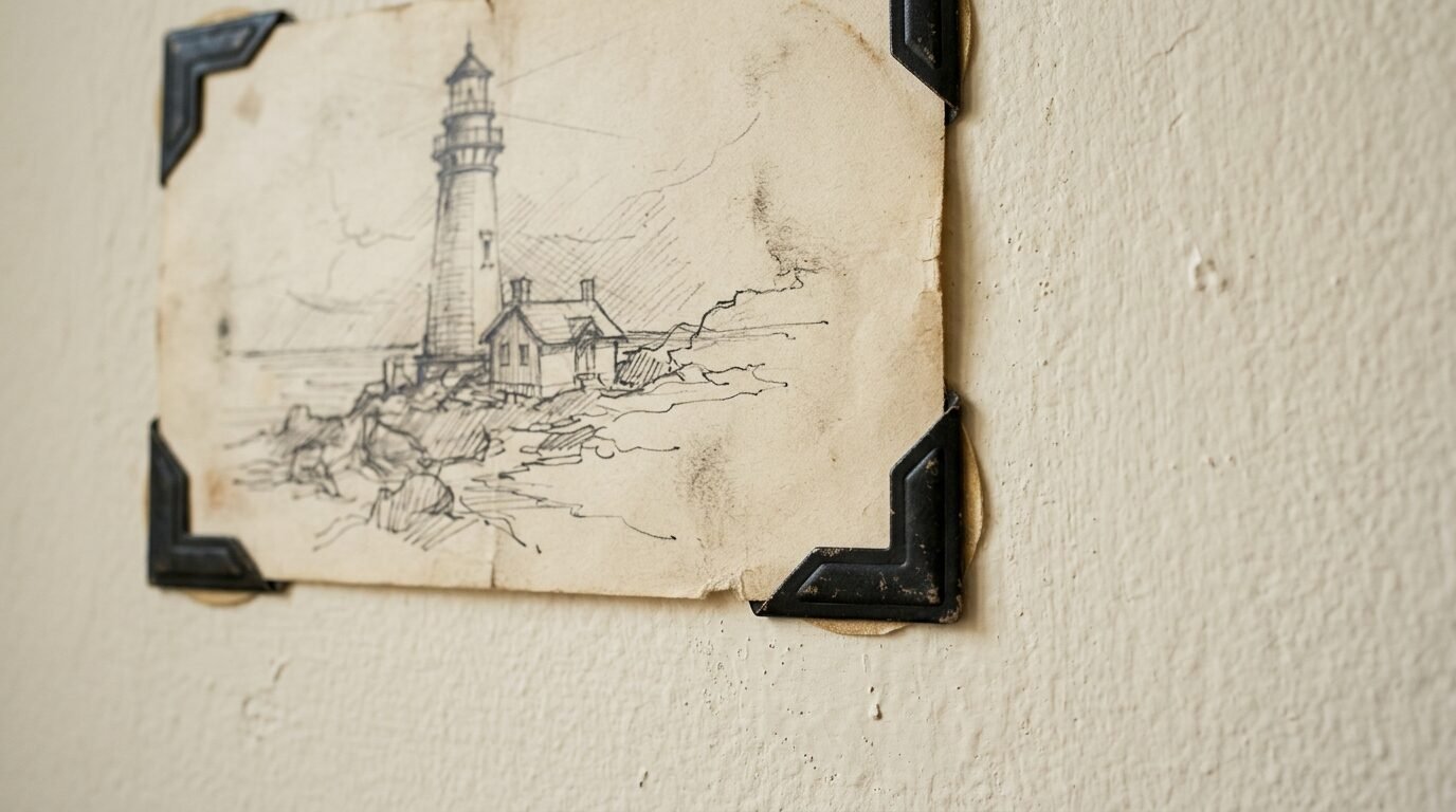 A sketch of a lighthouse on aged paper mounted to a wall with black metal photo corners.