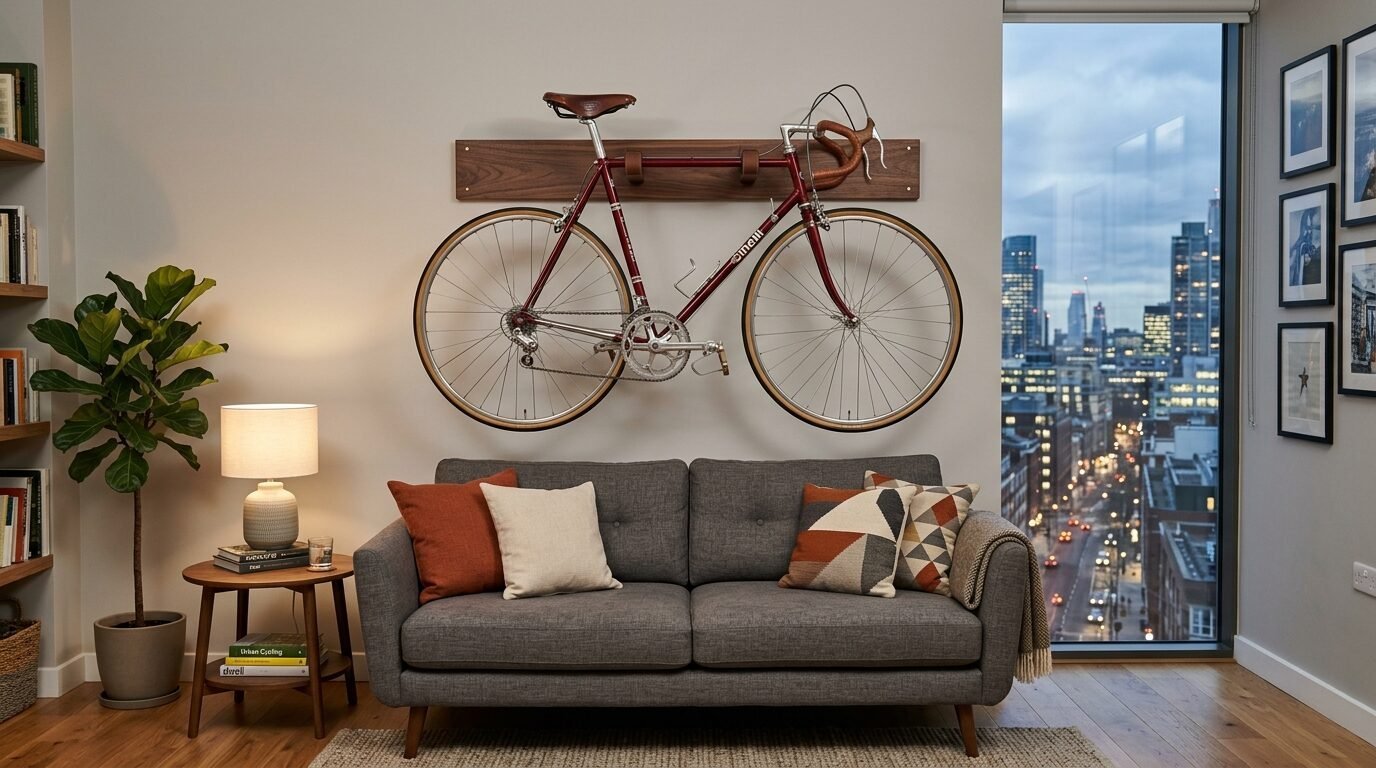 A classic maroon road bike hanging on a wood wall mount above a sofa in a high-rise apartment living room.