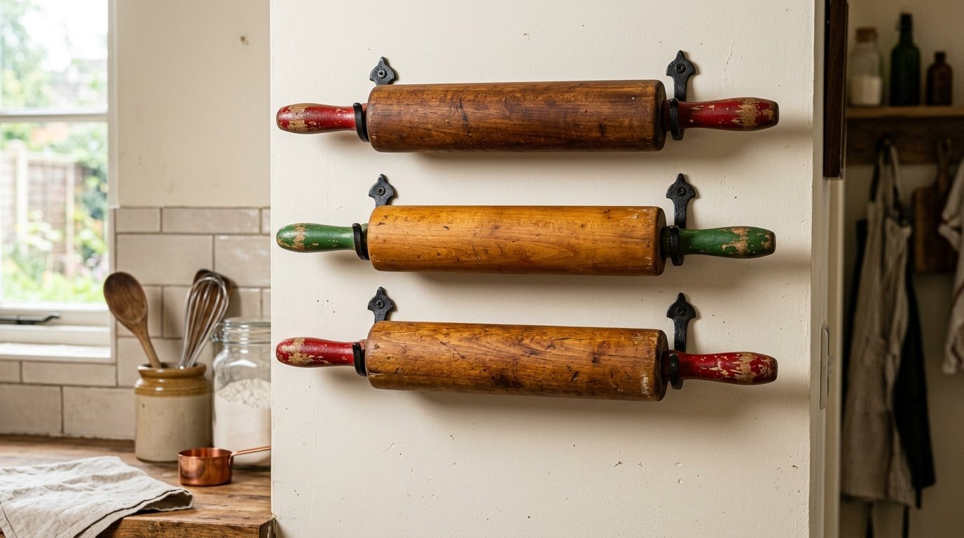 Three antique rolling pins with red and green handles hung horizontally on a white kitchen pillar.