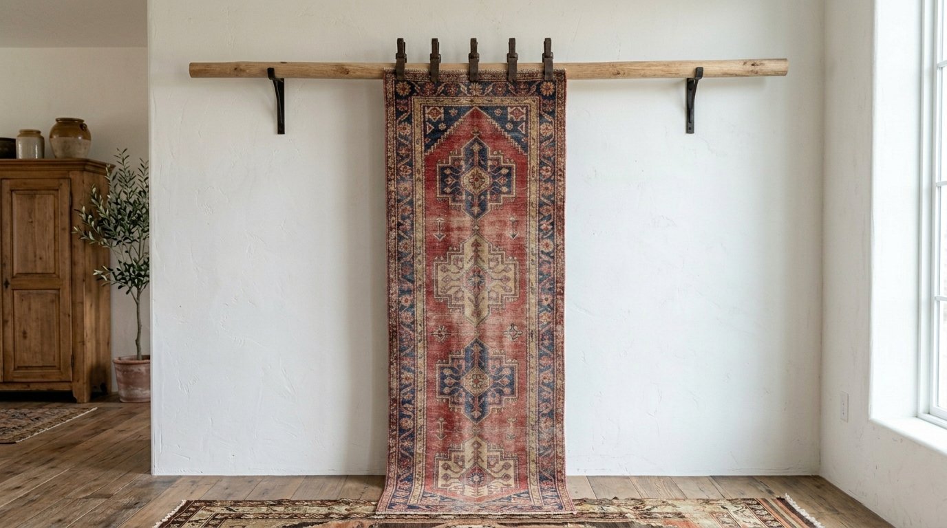 Red and blue patterned vintage runner rug hanging from a rustic wooden bar on a white wall.